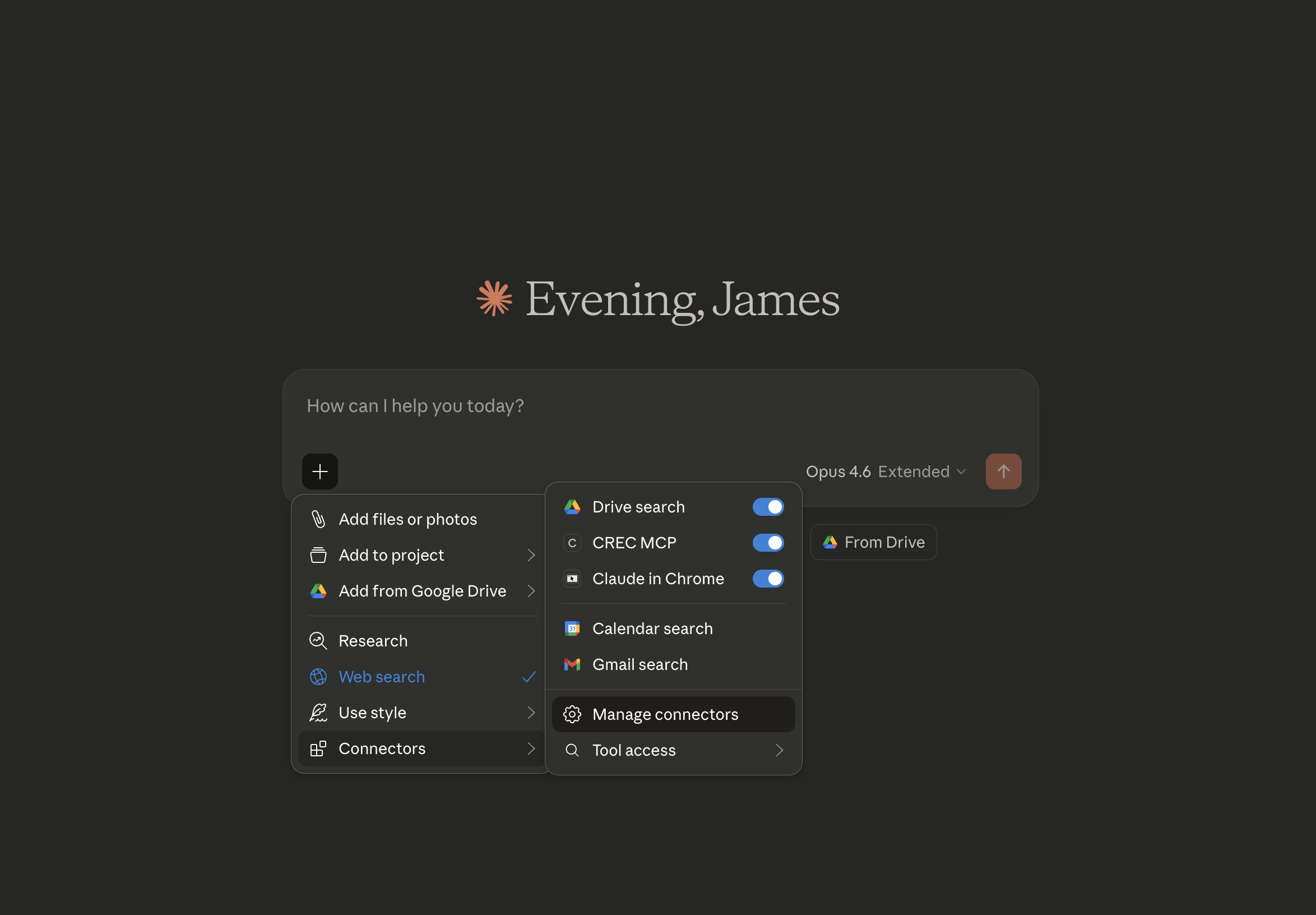 Claude chat menu showing +, then Connectors, then Manage connectors