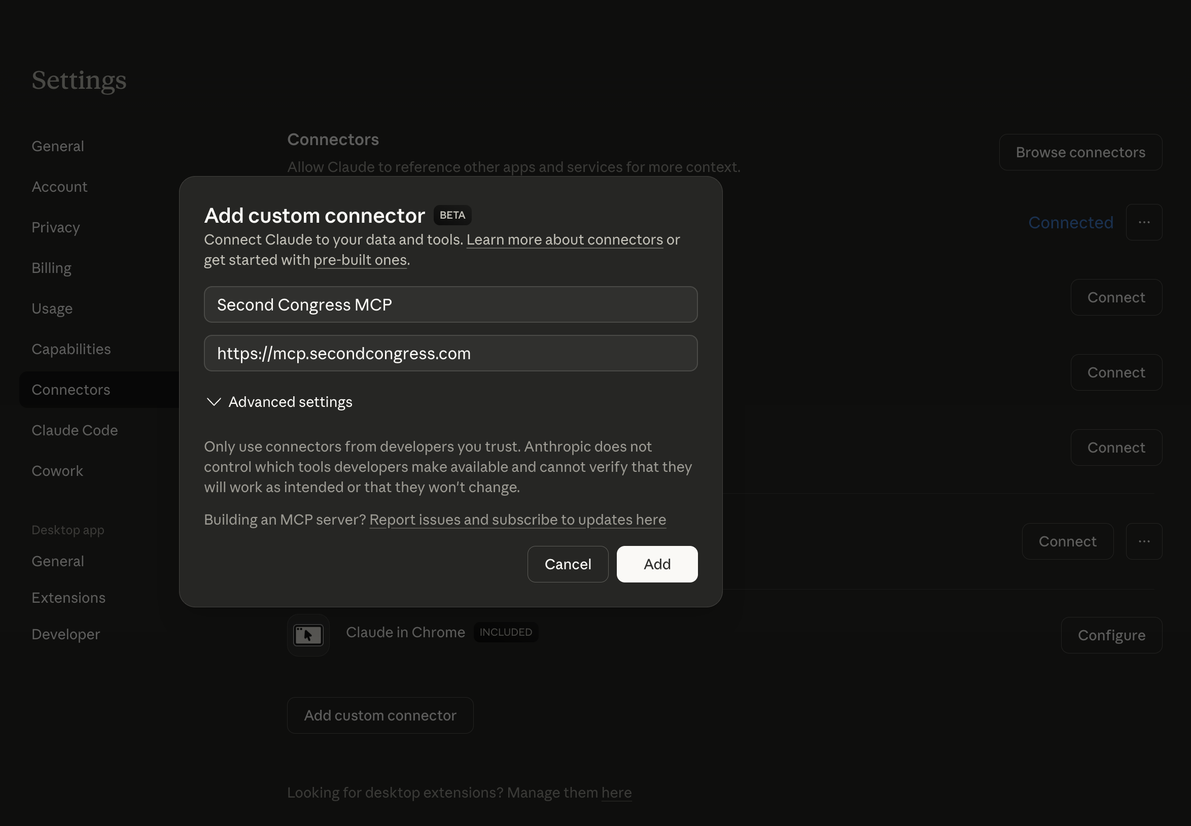 Add custom connector dialog with name field and URL field set to https://mcp.secondcongress.com