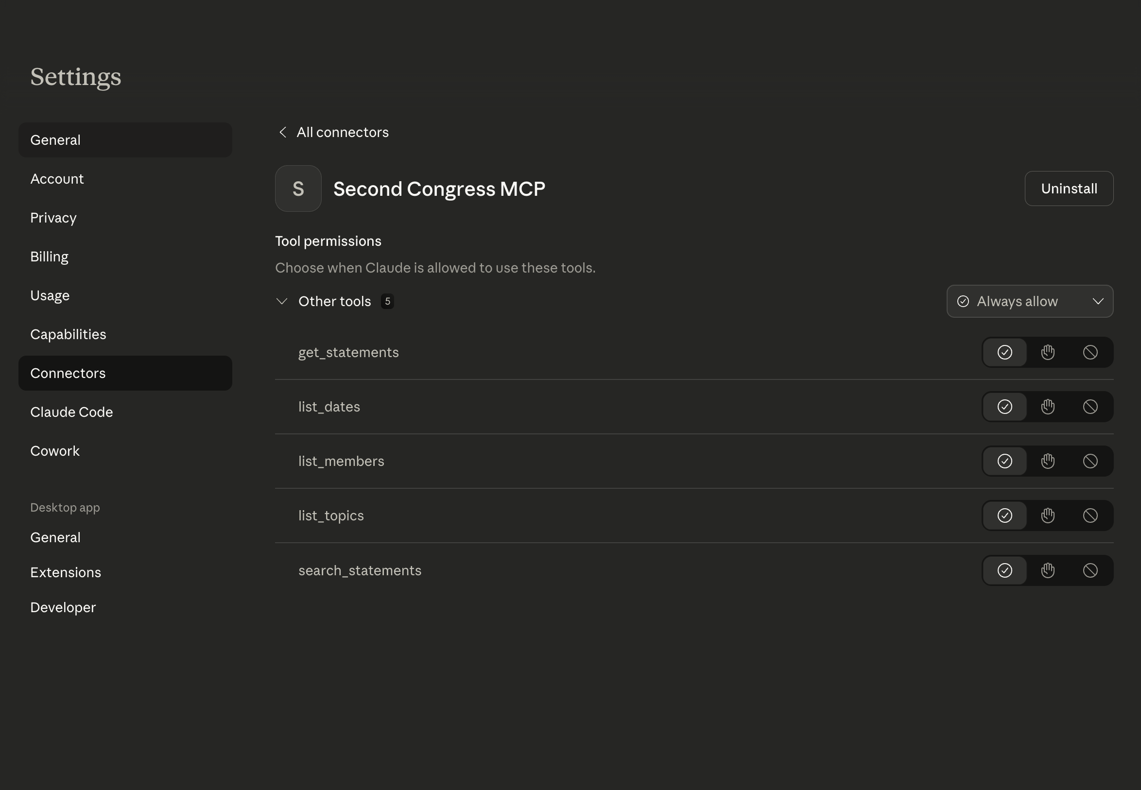 Connector settings page showing tool permissions for Second Congress MCP