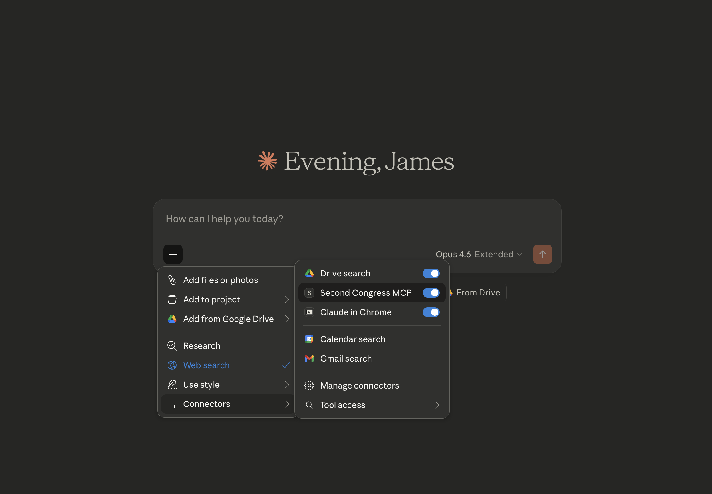 Claude chat + menu showing Second Congress MCP toggled on under Connectors